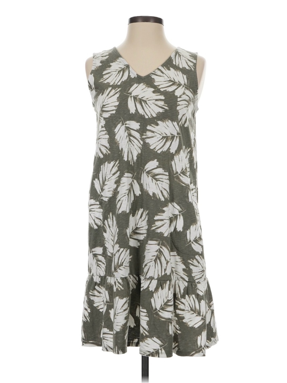 J. Jill Olive Green and White Leaf Print Sleeveless Midi Dress